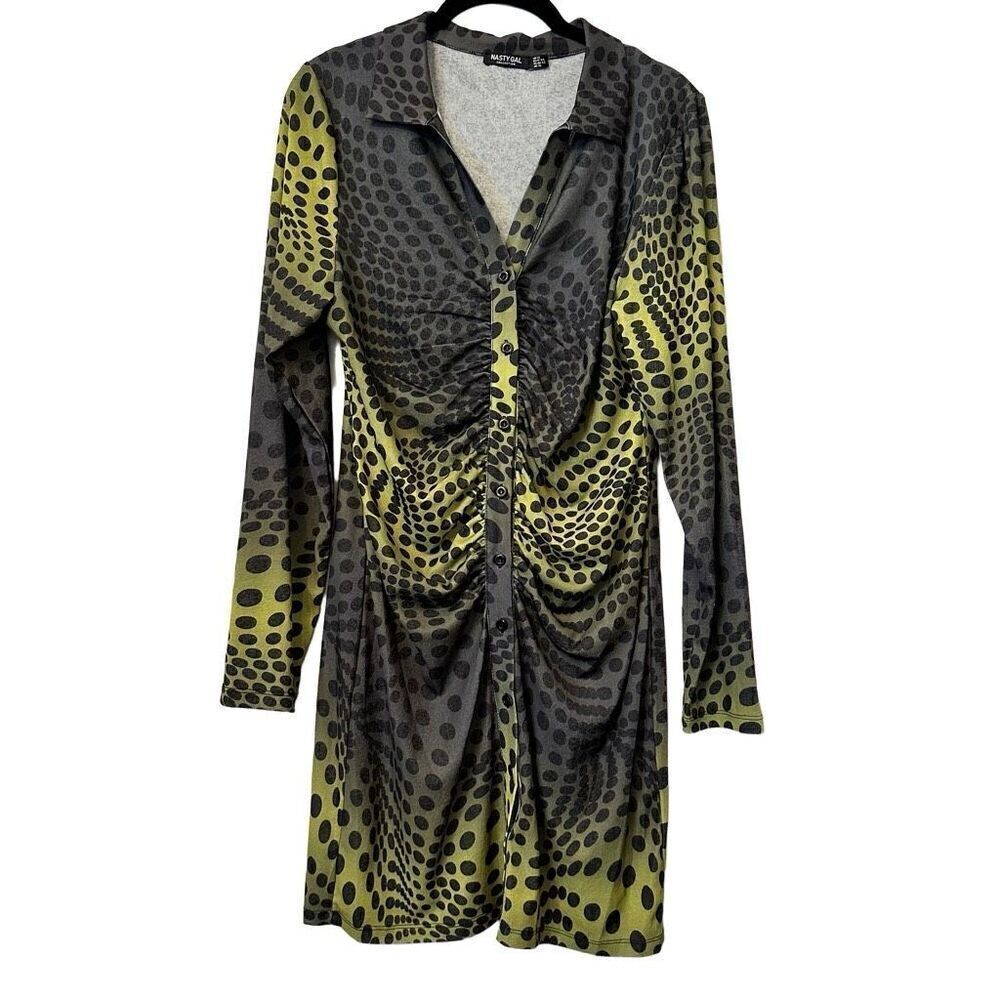 Nasty Gal Polka Dot Long Sleeve Ruched Front T-Shirt Dress Black Yellow Size 12